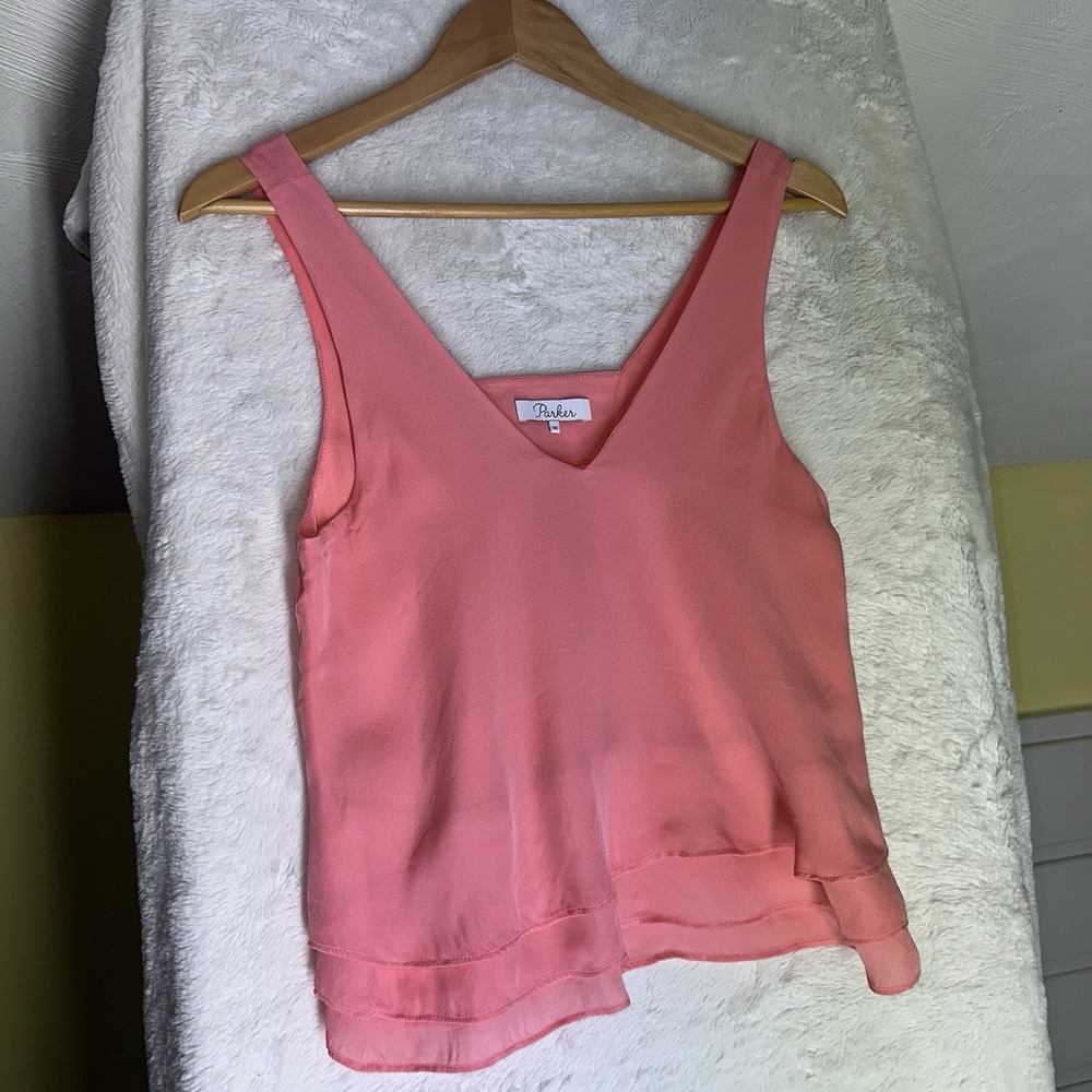PARKER Sleeveless Silk Ruffle Coral Pink Blouse Quiet Luxury XS Whimsy Tank Top